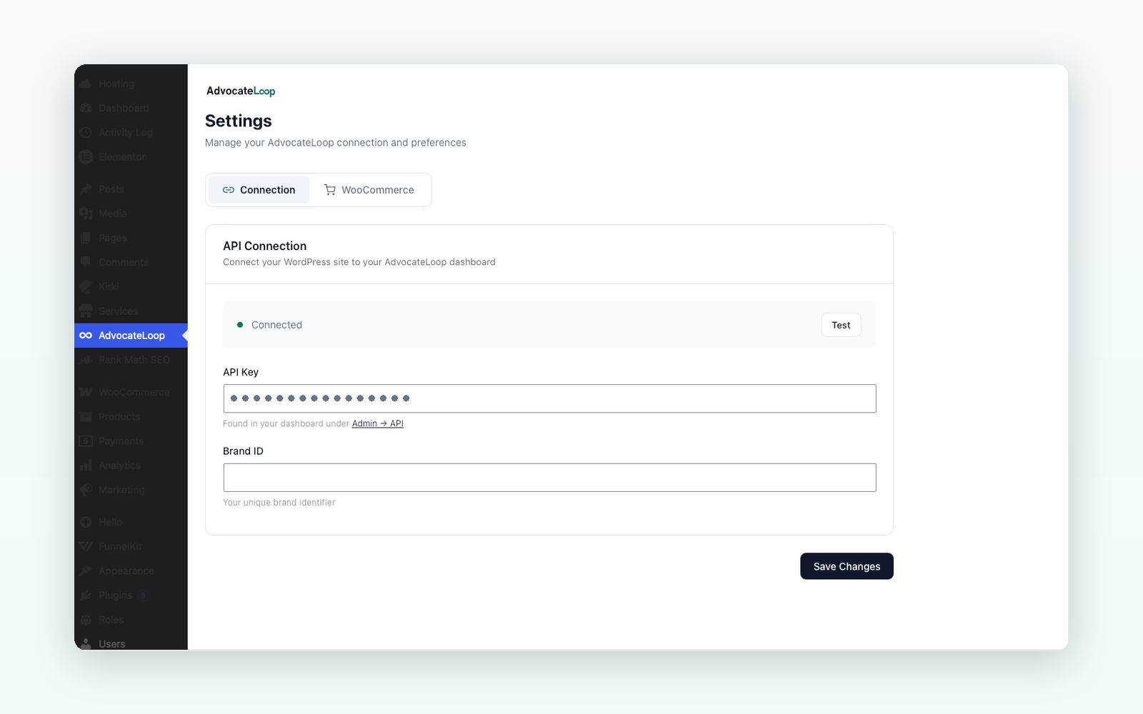 Connect your site by entering your API Key and Brand ID — setup takes under a minute.
