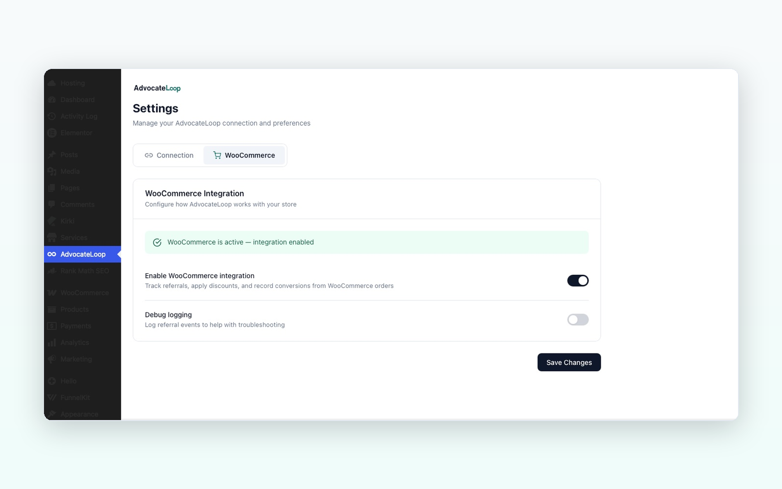 Add-ons such as AdvocateLoop for WooCommerce appear automatically as their own settings tab when active.