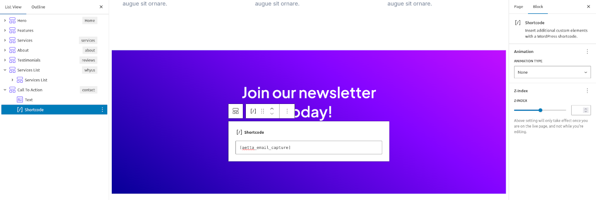 Editing a page to insert the shortcode inside a Cover block (the shortcode can be used anywhere on any page).