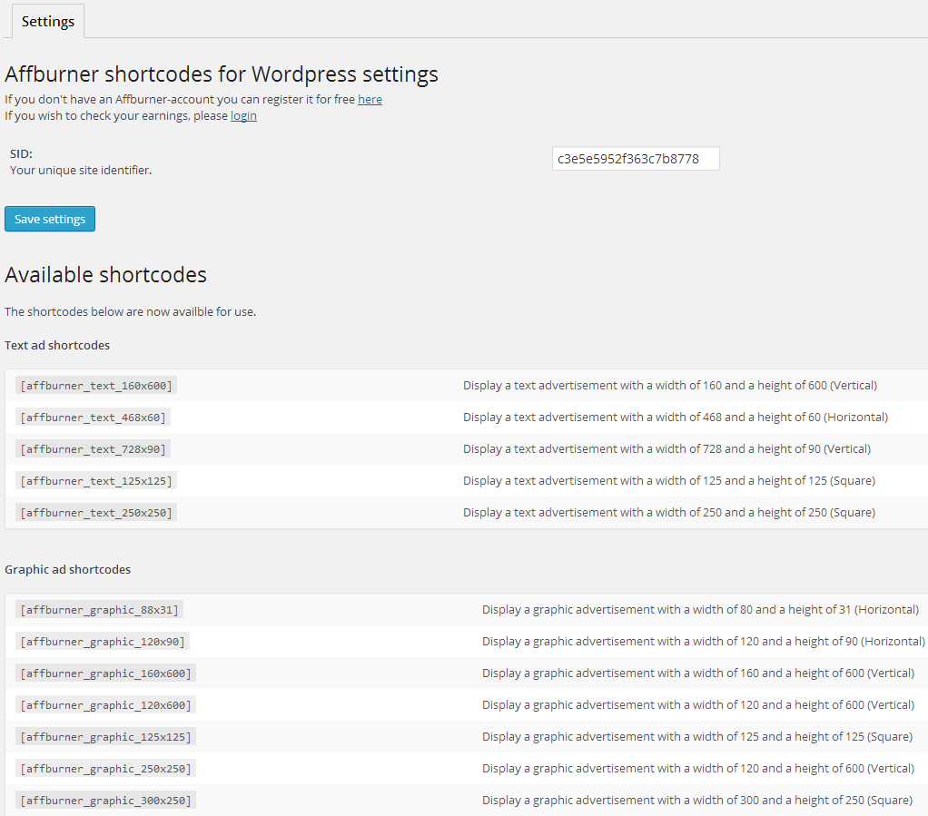 Screenshot of the settings page and available shortcodes