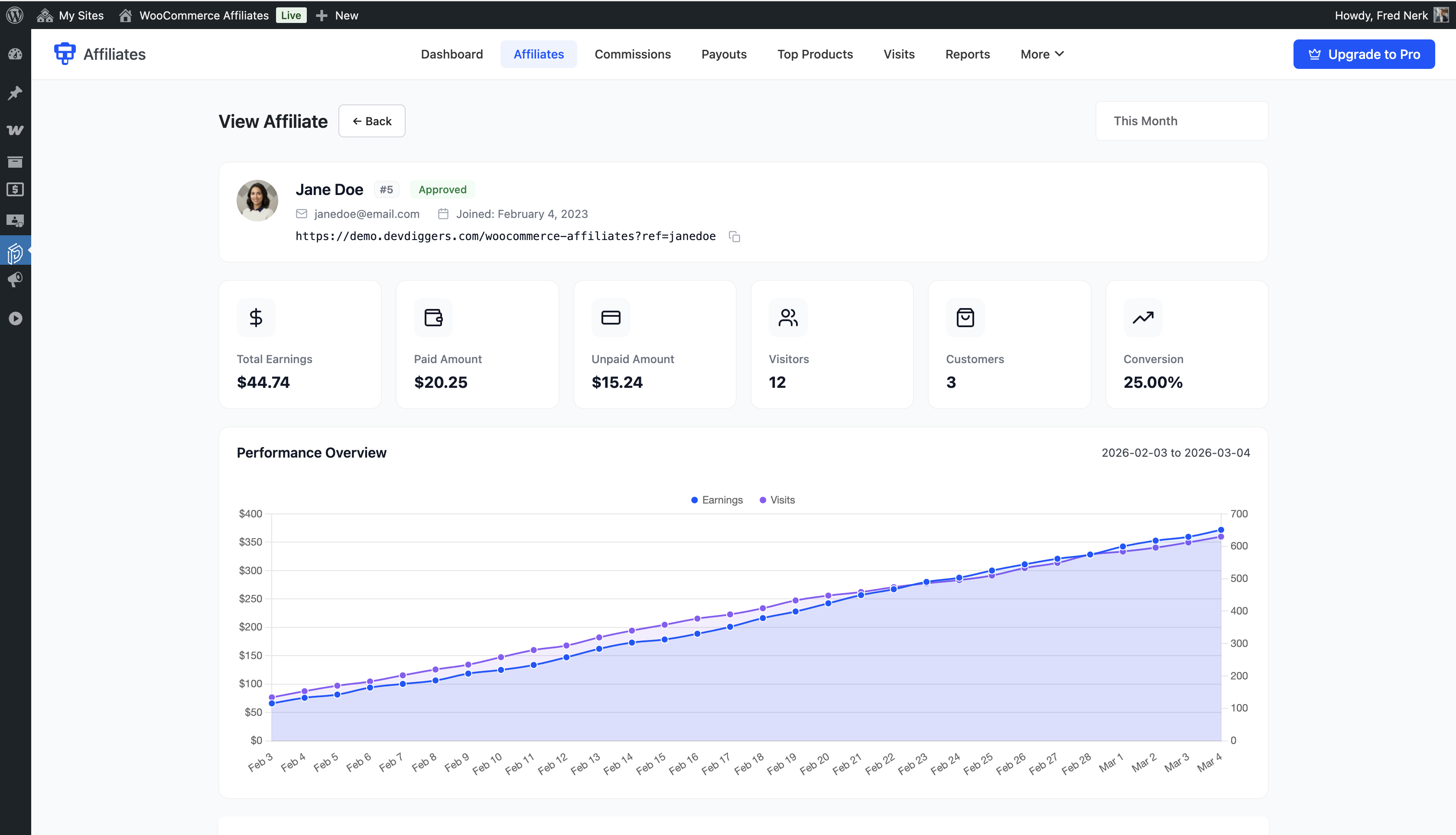 Affiliate dashboard showing total earnings, paid earnings, unpaid earnings, and quick stats at a glance