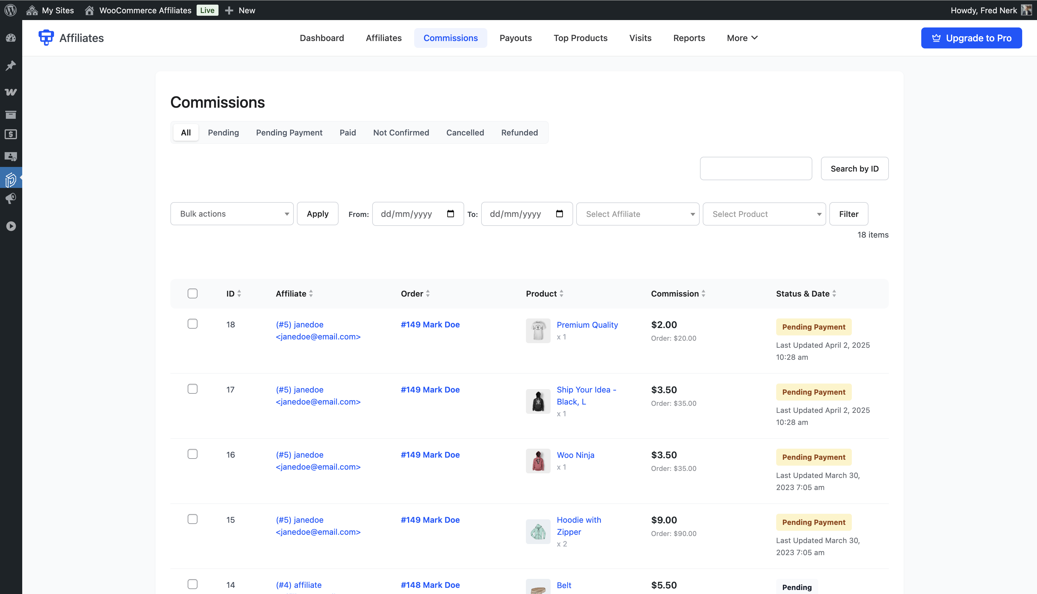 Affiliate commissions list showing commission amounts, order references, dates, and statuses