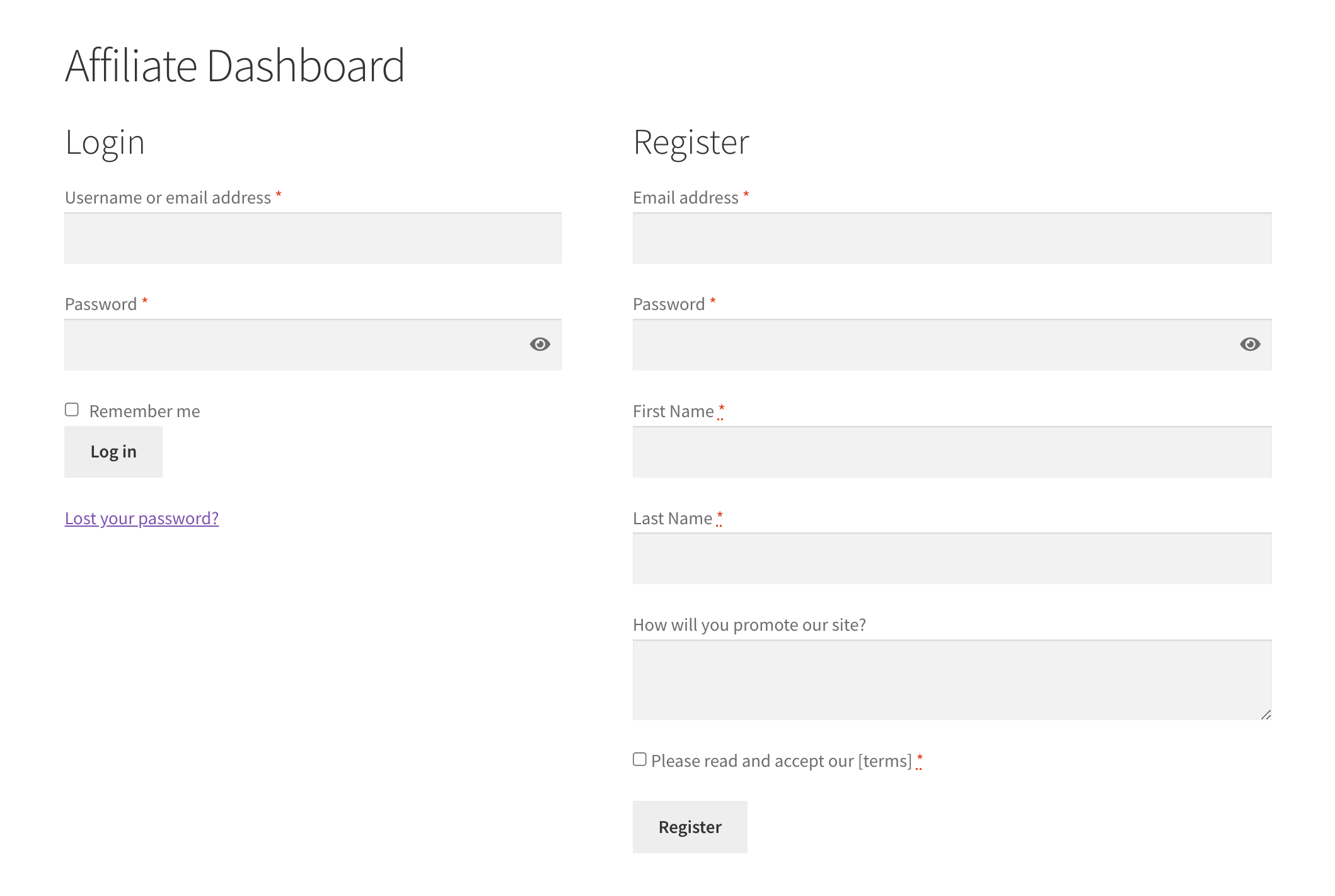 Shortcodes configuration page.