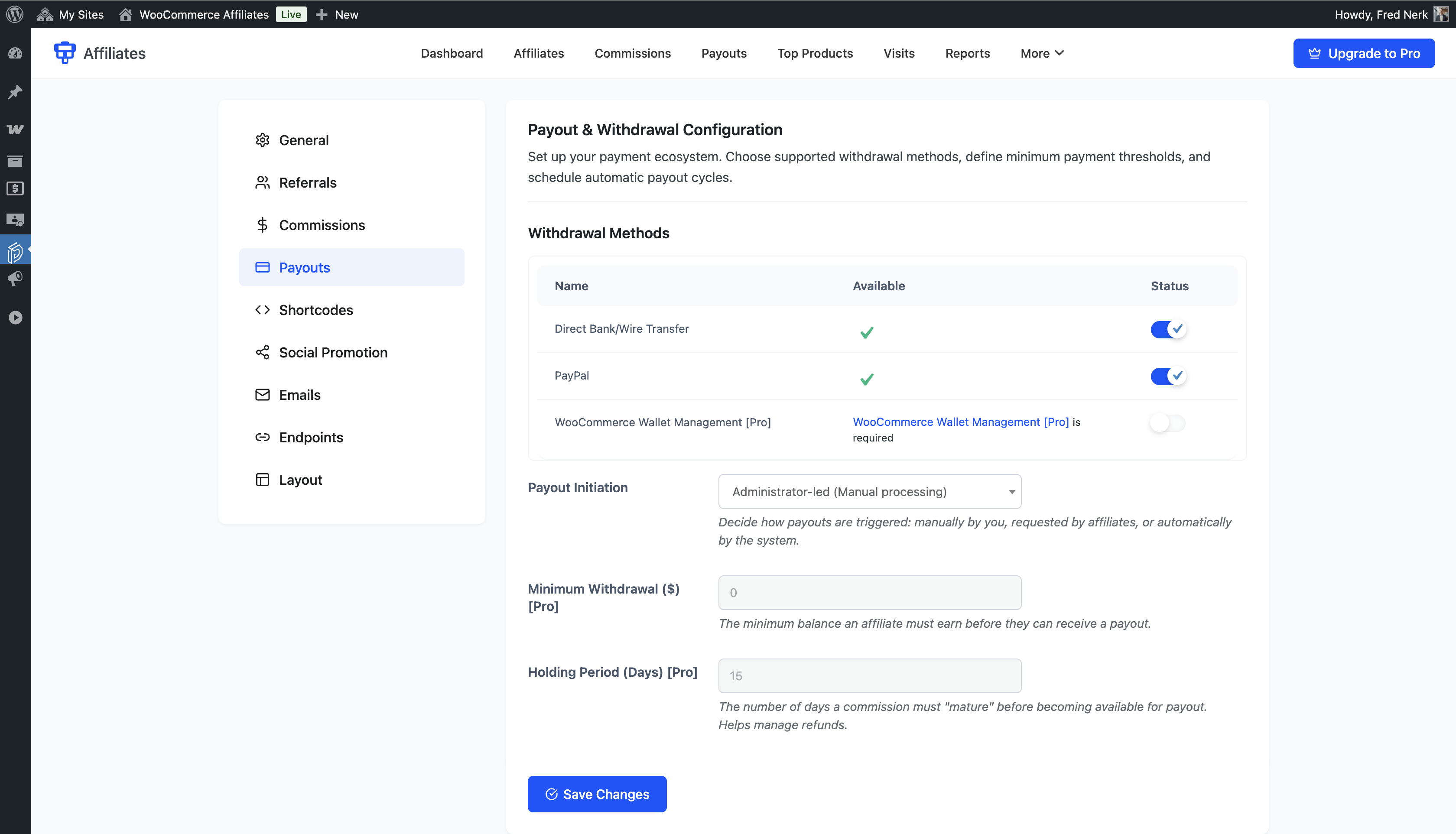 Admin commissions list with filters for status, date, and affiliate name