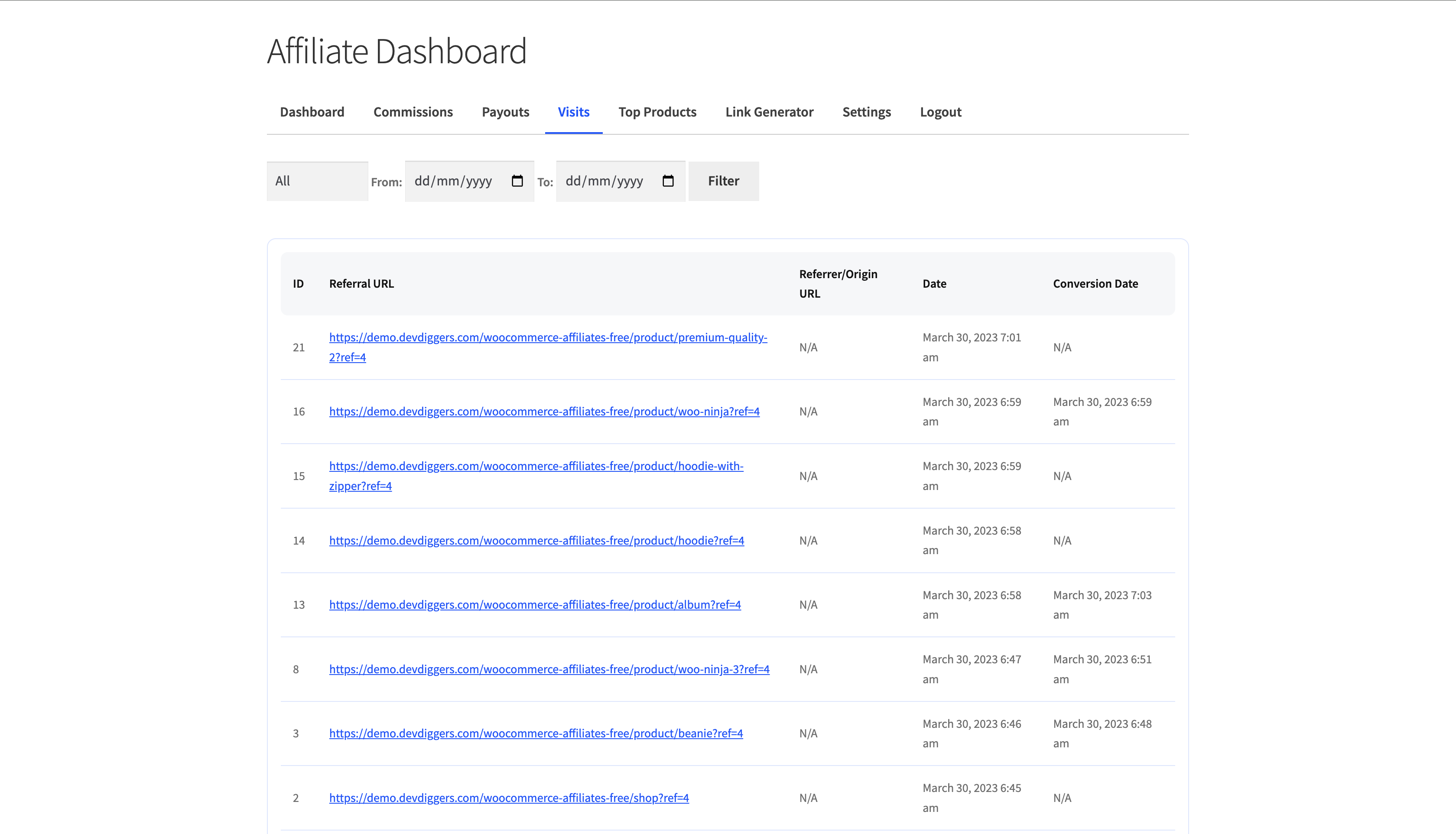 Referrals configuration panel for cookie name, expiration, and visit registration settings