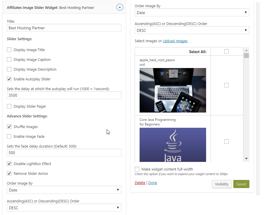 Setting panel of Affiliates Image Slider Widget.