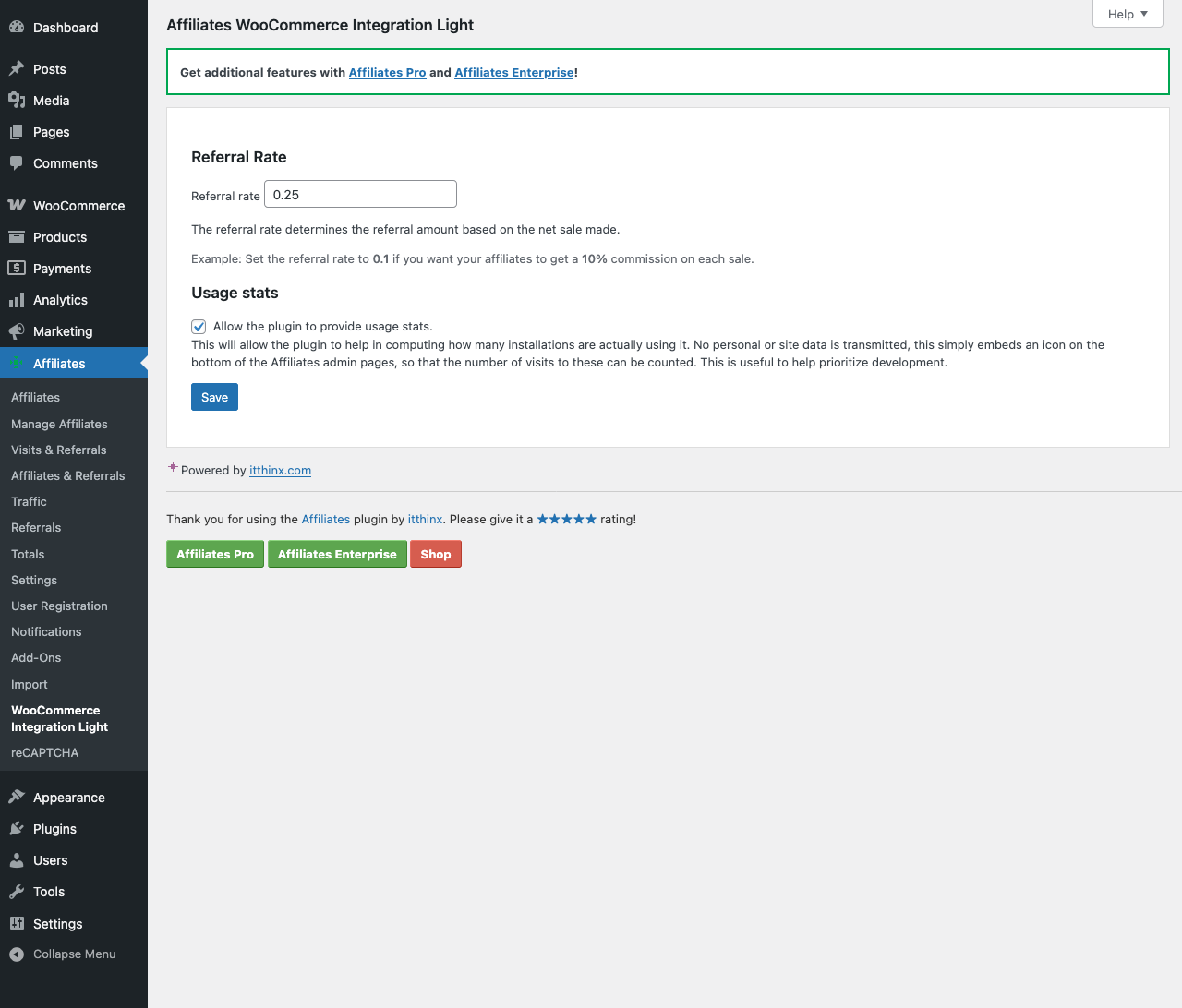 Referral rate setting - Here, a referral rate set at 0.25 credits affiliates with 25% commissions on sales.