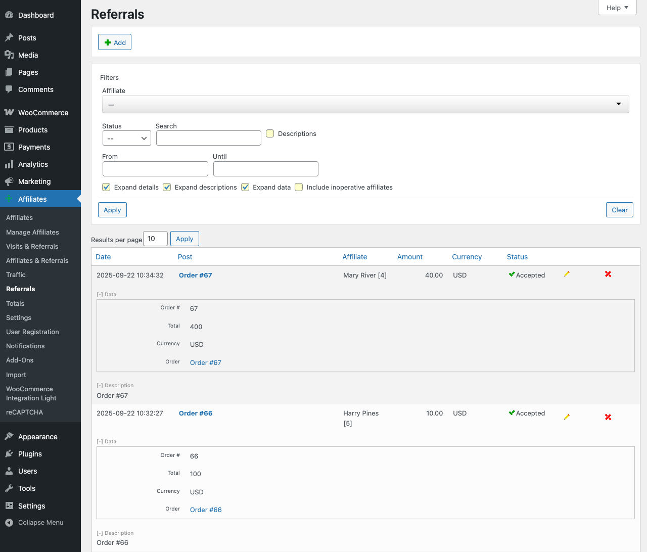 Referrals created automatically for sales - Each referral is linked to its order.