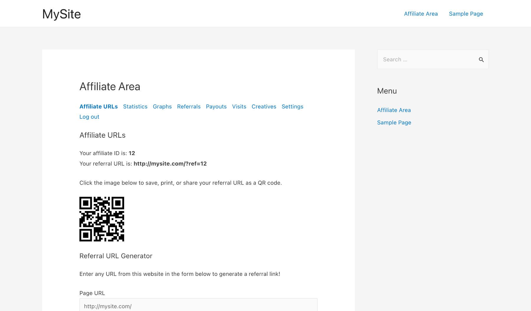 QR code in the Affiliate Area. Note: the Affiliate Area’s layout is mostly determined by your website theme. Pictured here is the WP Astra theme, your site will likely look different.