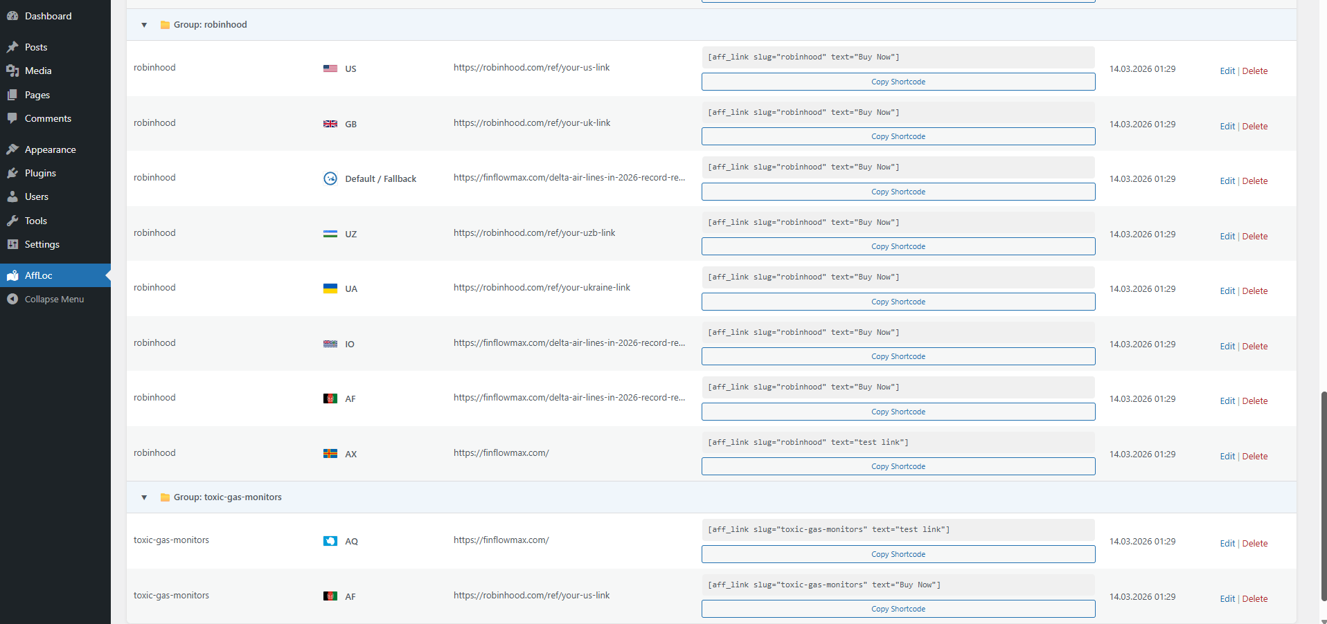 The **Existing Mappings** table — all mappings grouped by slug/project, showing country flags, destination URLs, ready-to-copy shortcodes with a "Copy Shortcode" button, creation date, and Edit/Delete row actions.