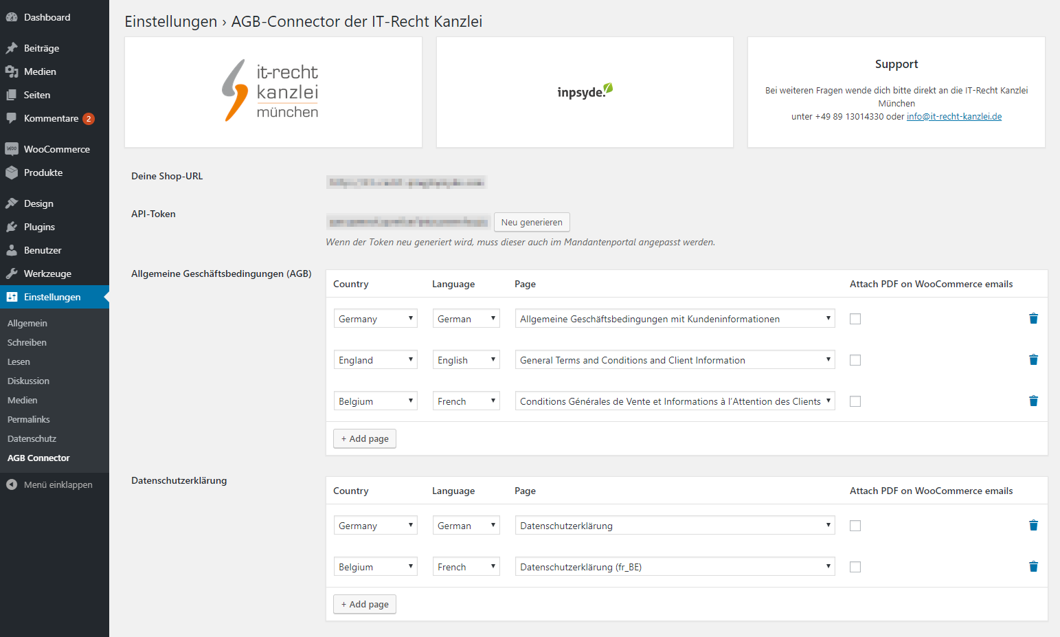 Terms & Conditions Connector of IT-Recht Kanzlei - Settings Page