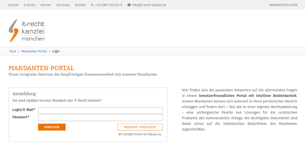 Protection package of IT-Recht Kanzlei München – Registration to the clients’ portal.