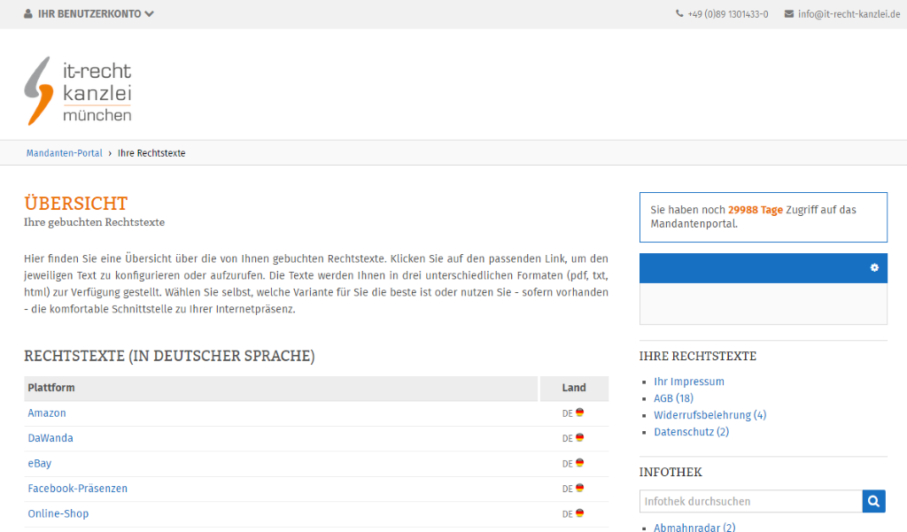 Protection package of IT-Recht Kanzlei München – Overview of legal texts