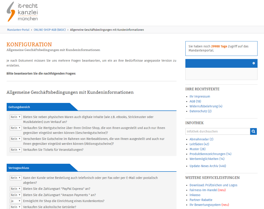 Protection package of IT-Recht Kanzlei München – Configuration of legal texts