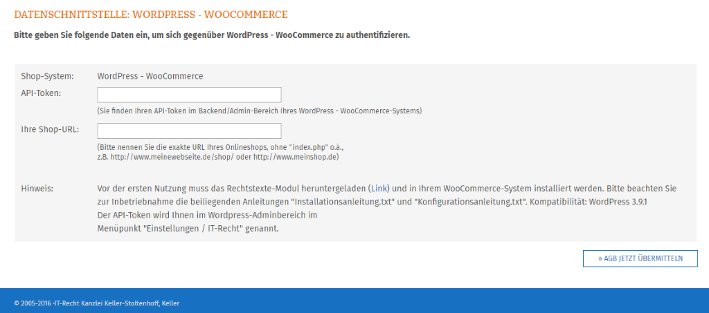Protection package of IT-Recht Kanzlei München – API-Token and Shop URL