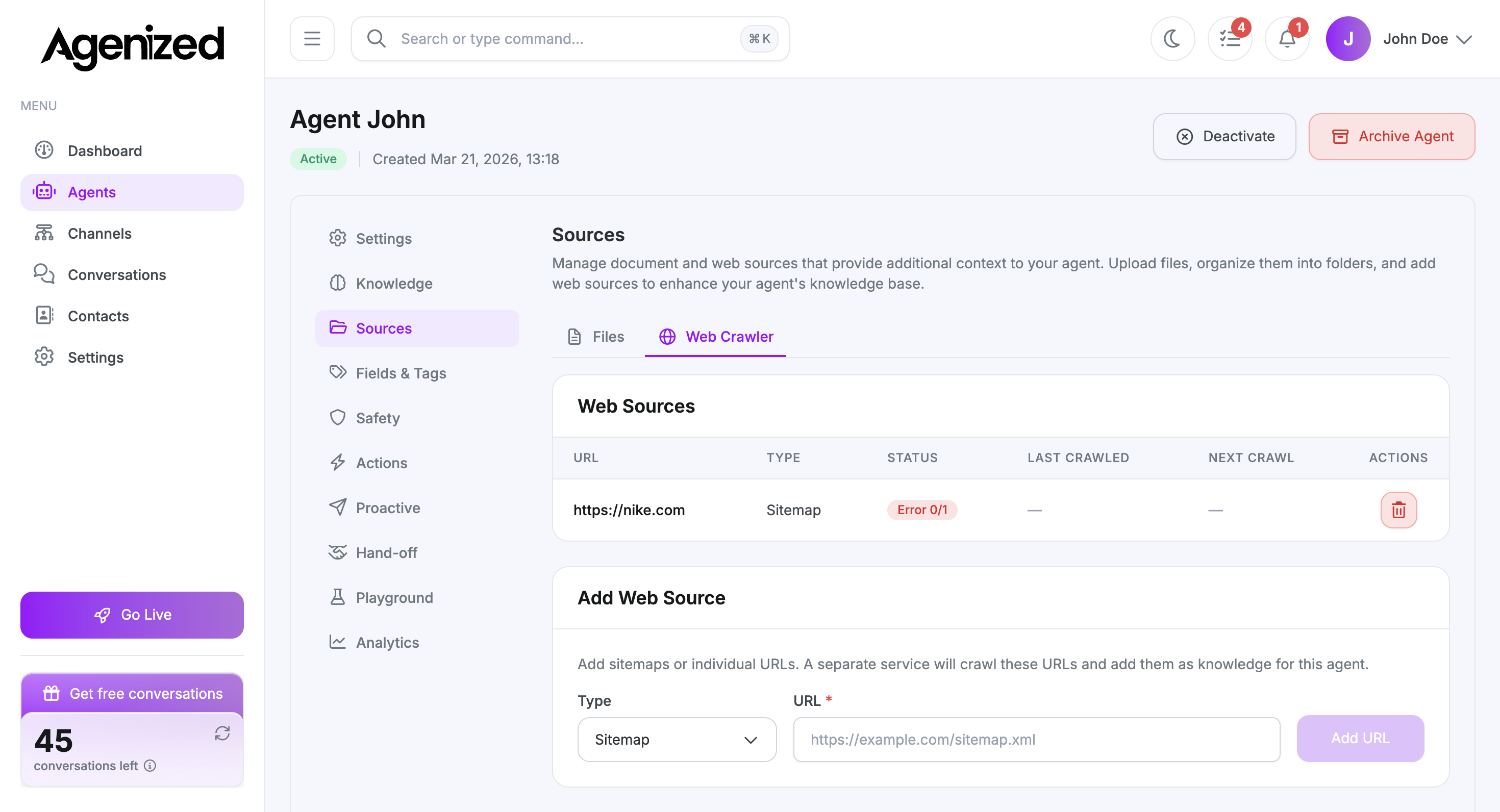 Conversations or Playground: review and test how your agent behaves