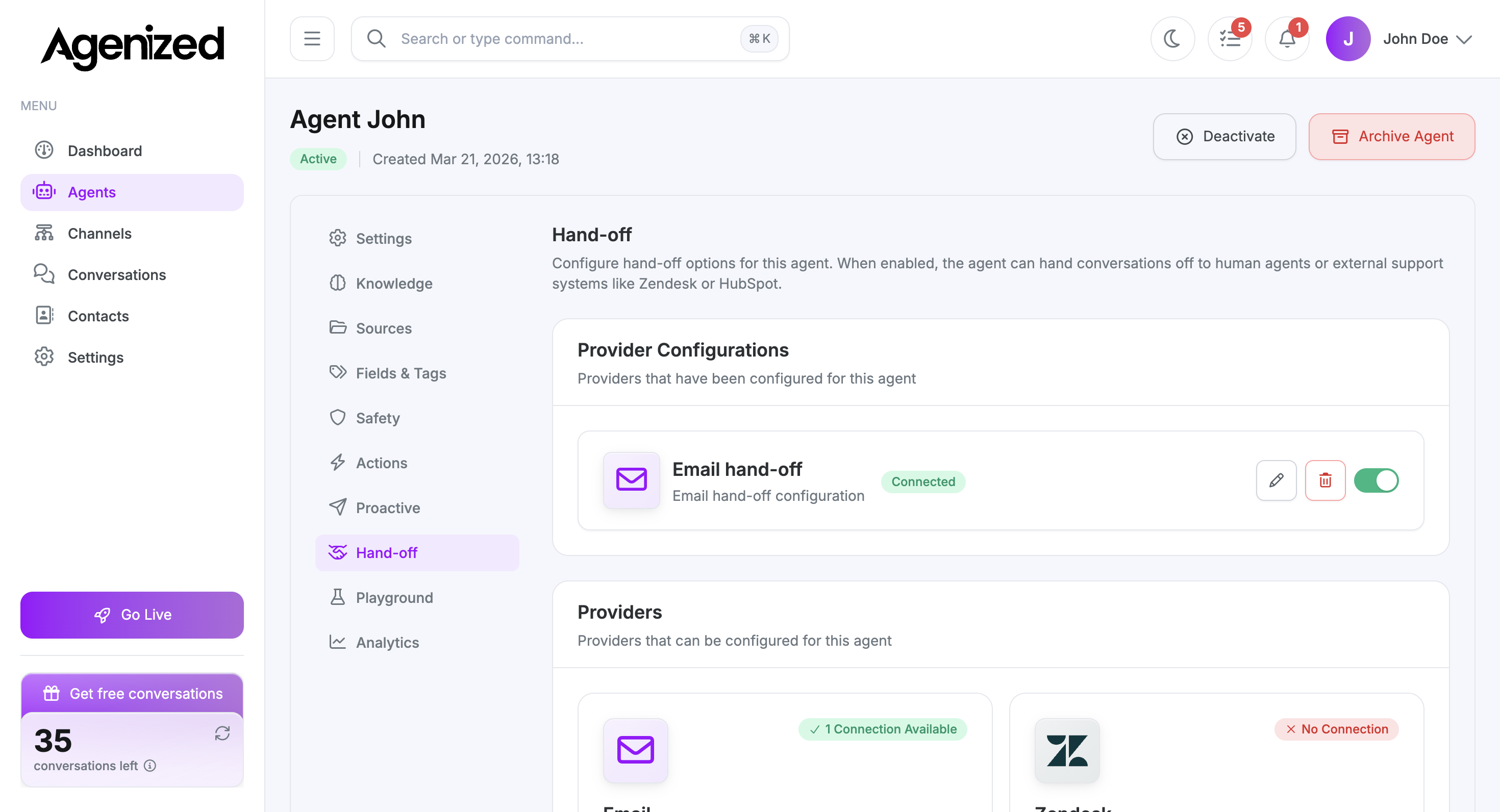 Widget, proactive messaging, or handoff configuration in the app