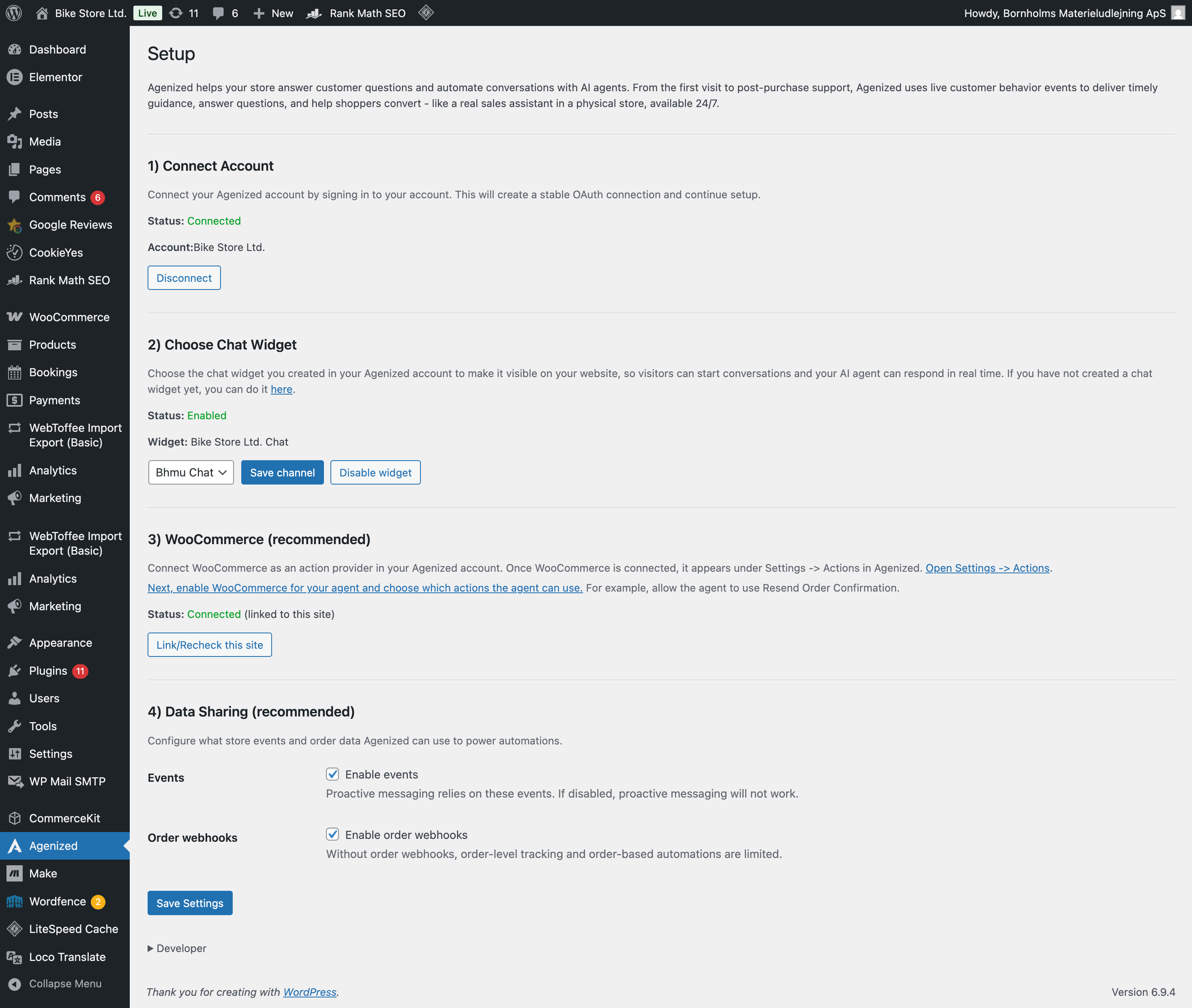 WordPress admin: Agenized plugin menu, OAuth connection, and embed settings