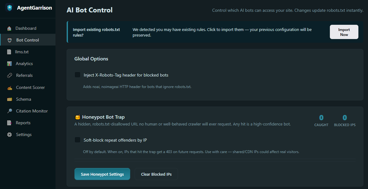 Bot Control — visual allowlist/blocklist with category toggles, last-seen timestamps, and per-bot overrides