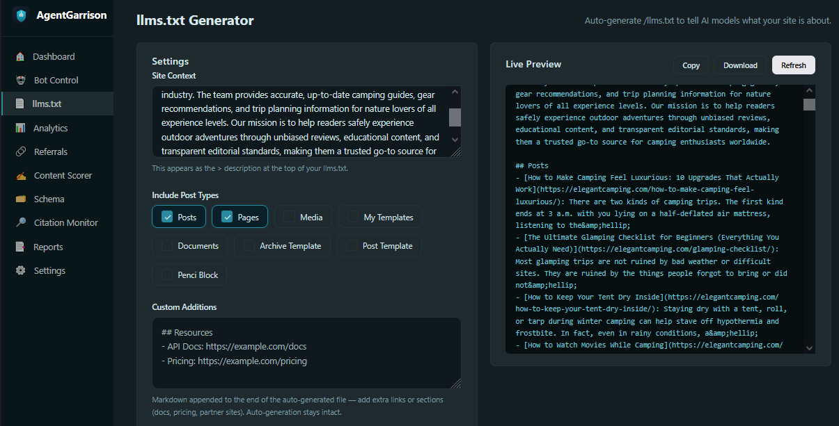 llms.txt Generator — settings panel with live preview and health check status