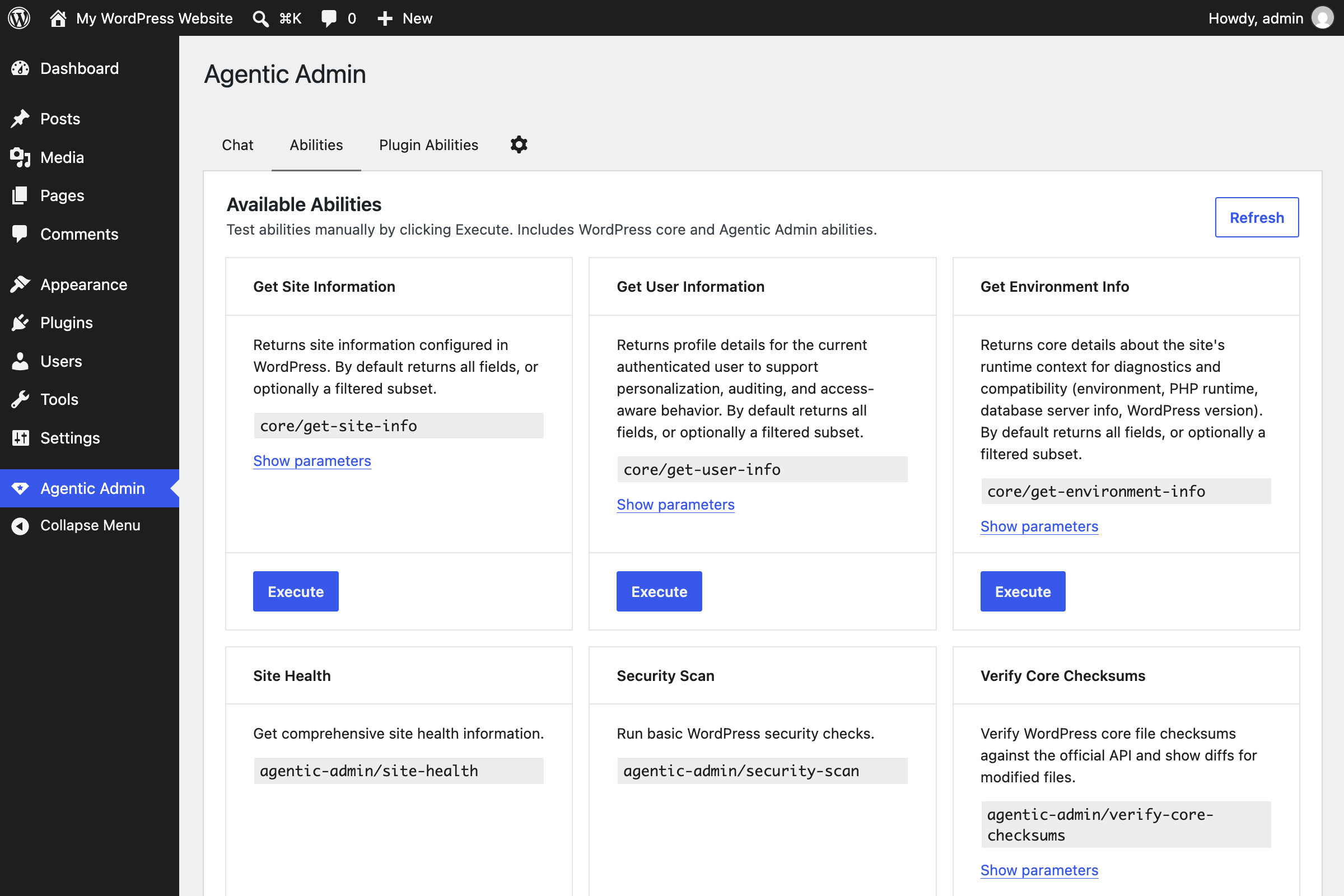 The Abilities browser, listing every tool the assistant can call against the WordPress Abilities API on this site.