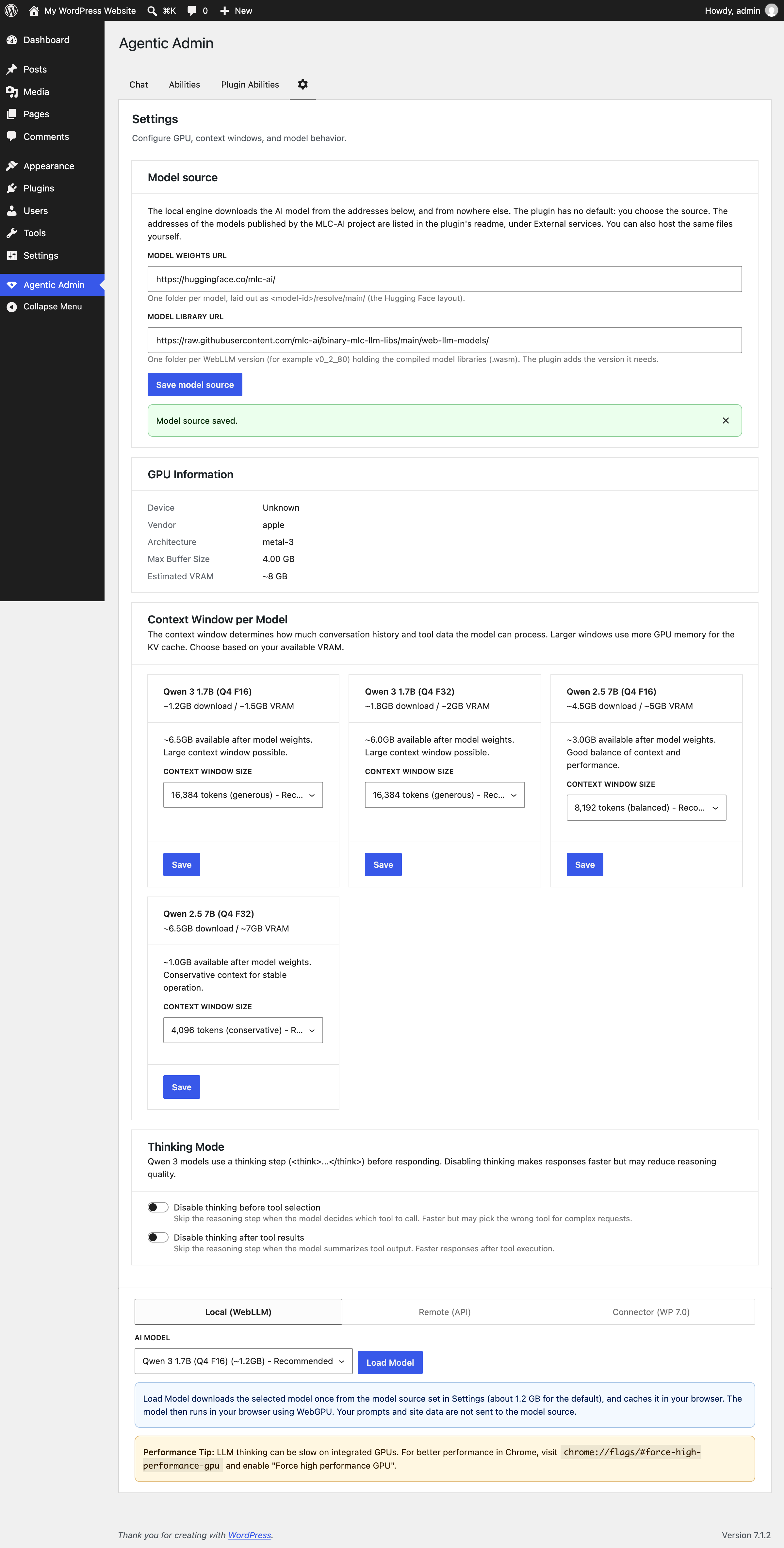 Settings panel. Set the model source, see detected GPU + VRAM, tune context-window size per model based on your hardware, toggle thinking mode, and switch between the local engine (WebLLM + WebGPU), a remote OpenAI-compatible endpoint, or the WordPress 7.0 Connector.