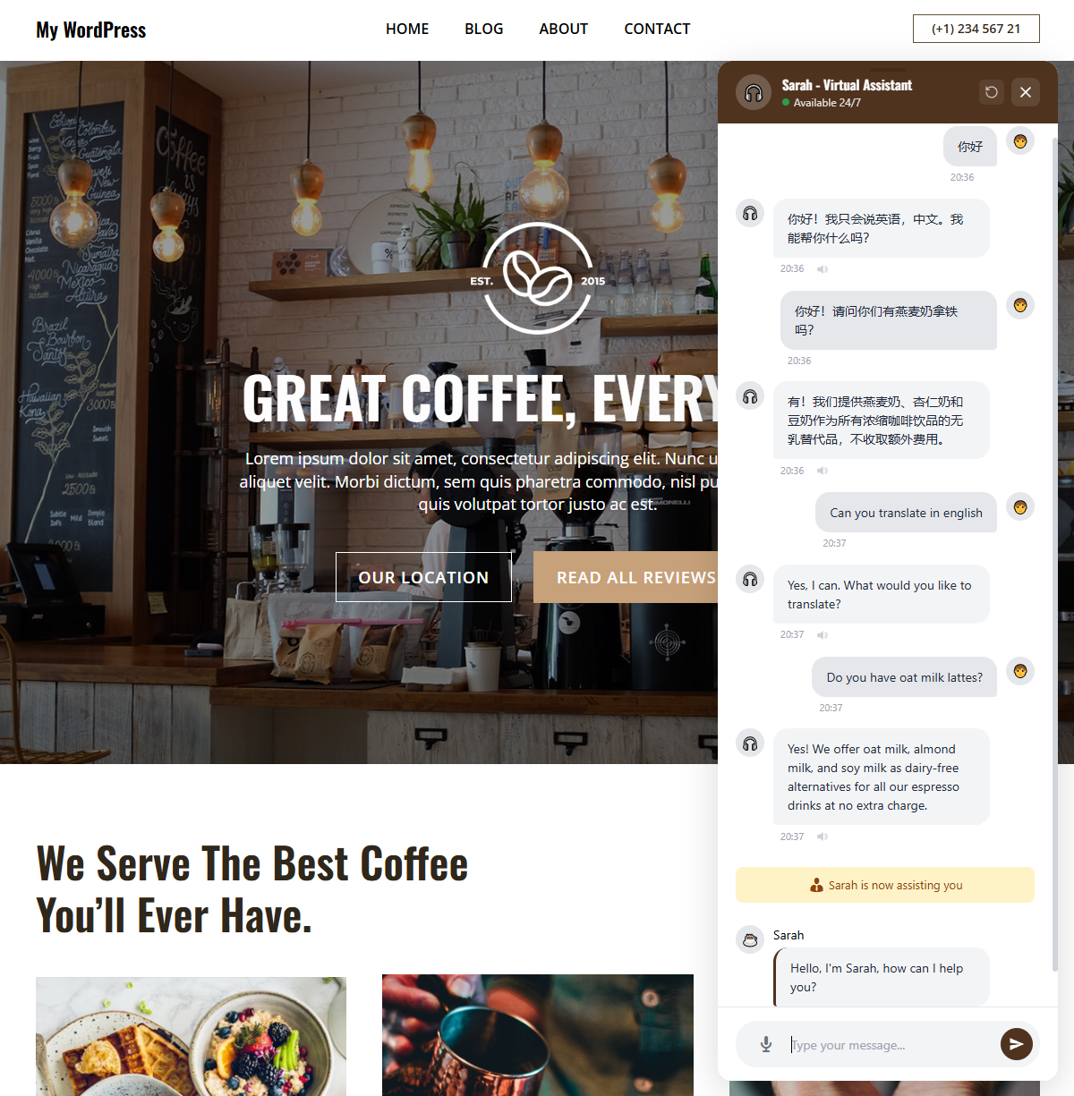 Multilingual chat widget with live human takeover - AI assistant helping visitors in Chinese and English