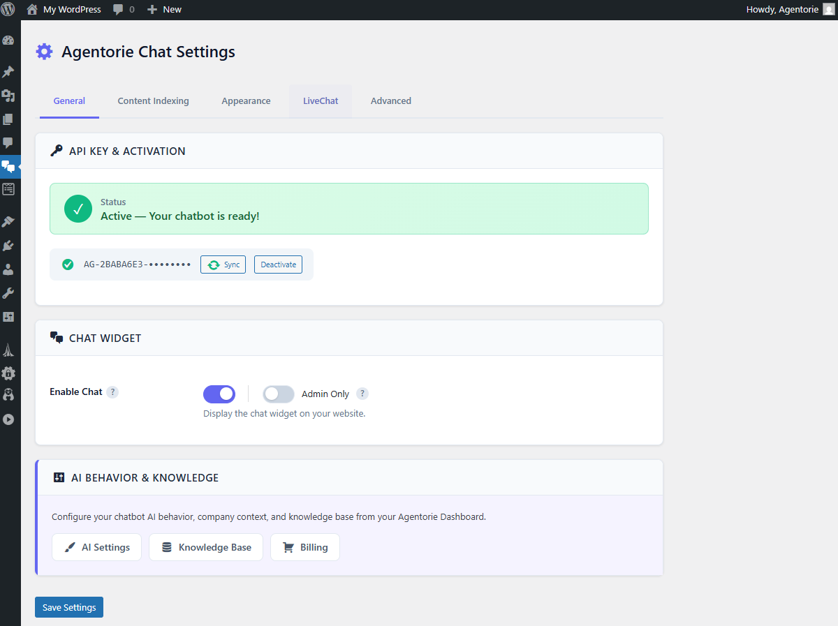 General Settings - License key activation, chat widget toggle, and AI behavior configuration