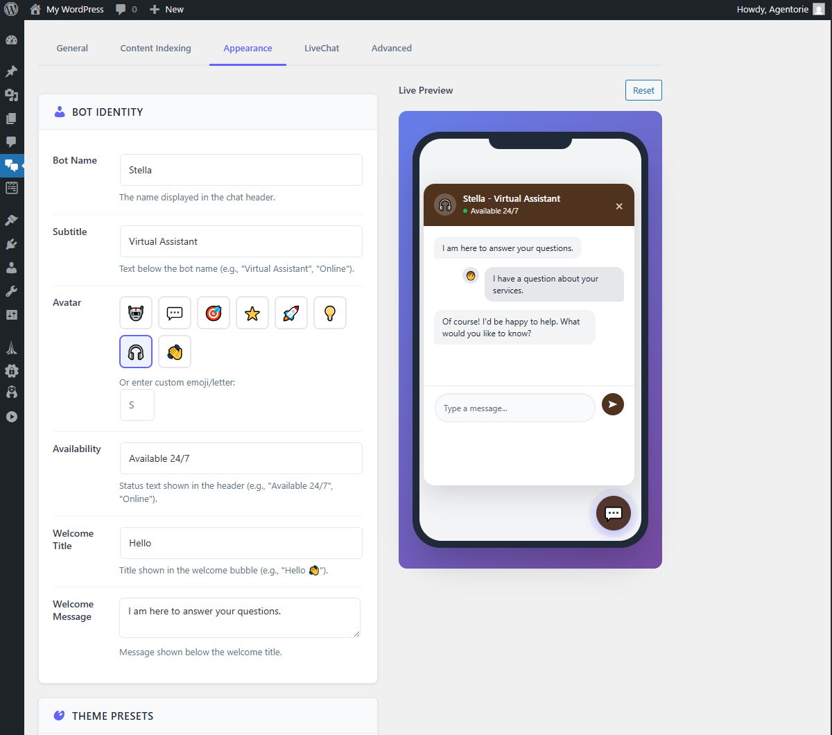 Appearance Settings - Customize bot identity, avatar, colors with live preview