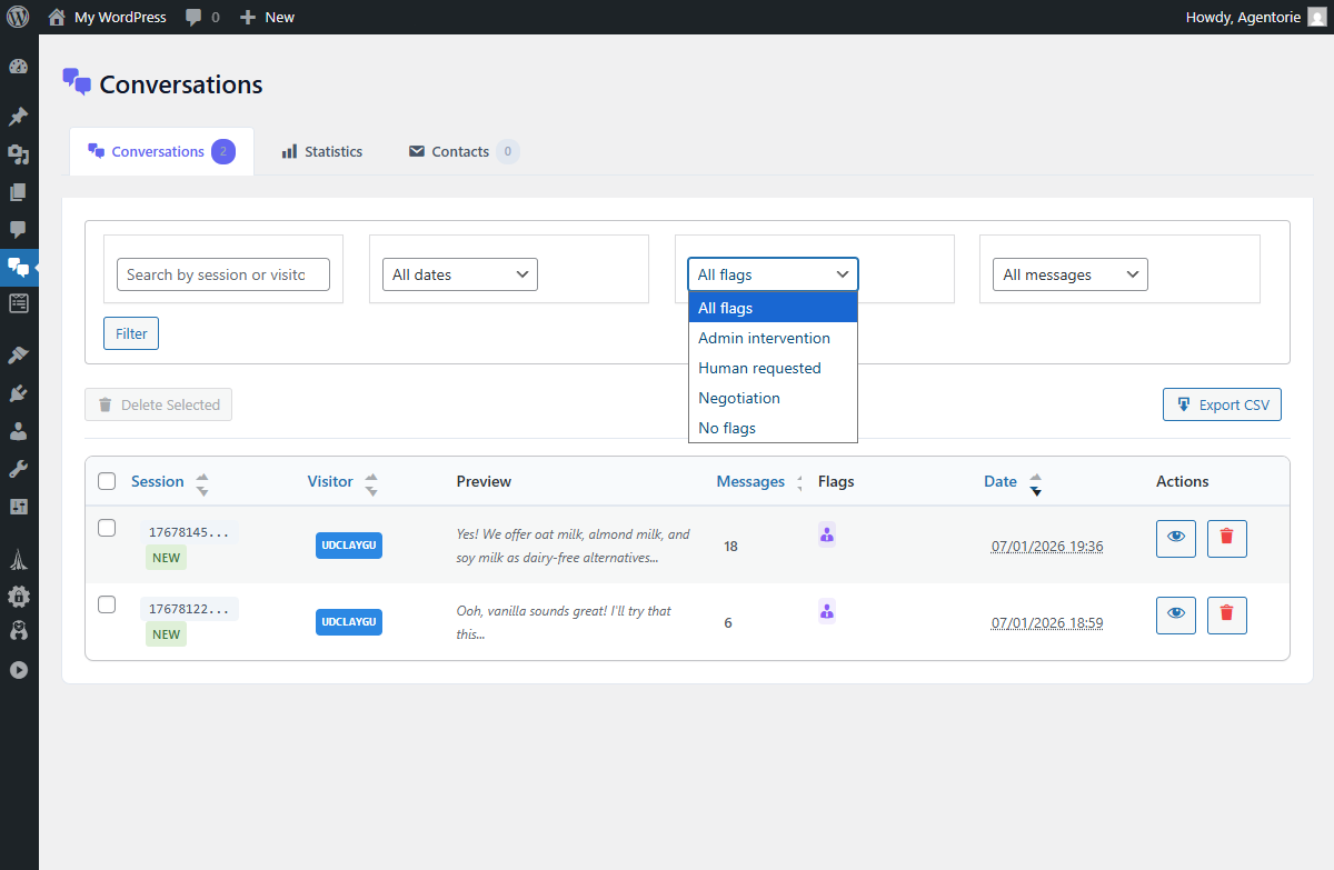 Conversations List - Filter and manage all chat sessions with flags and export
