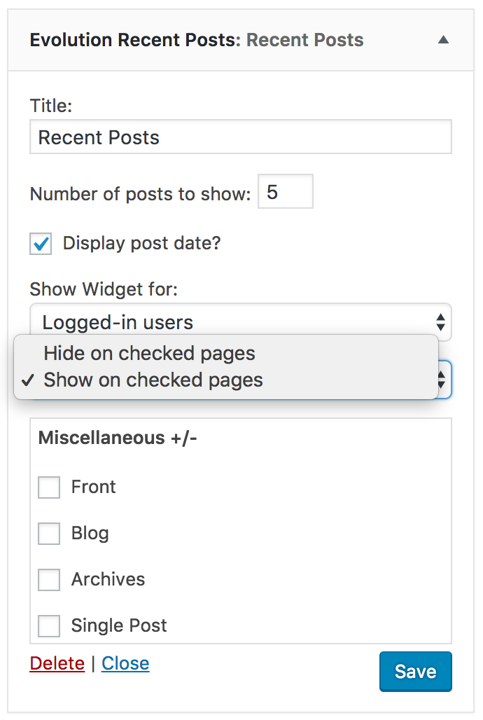 Show widget on pages options.