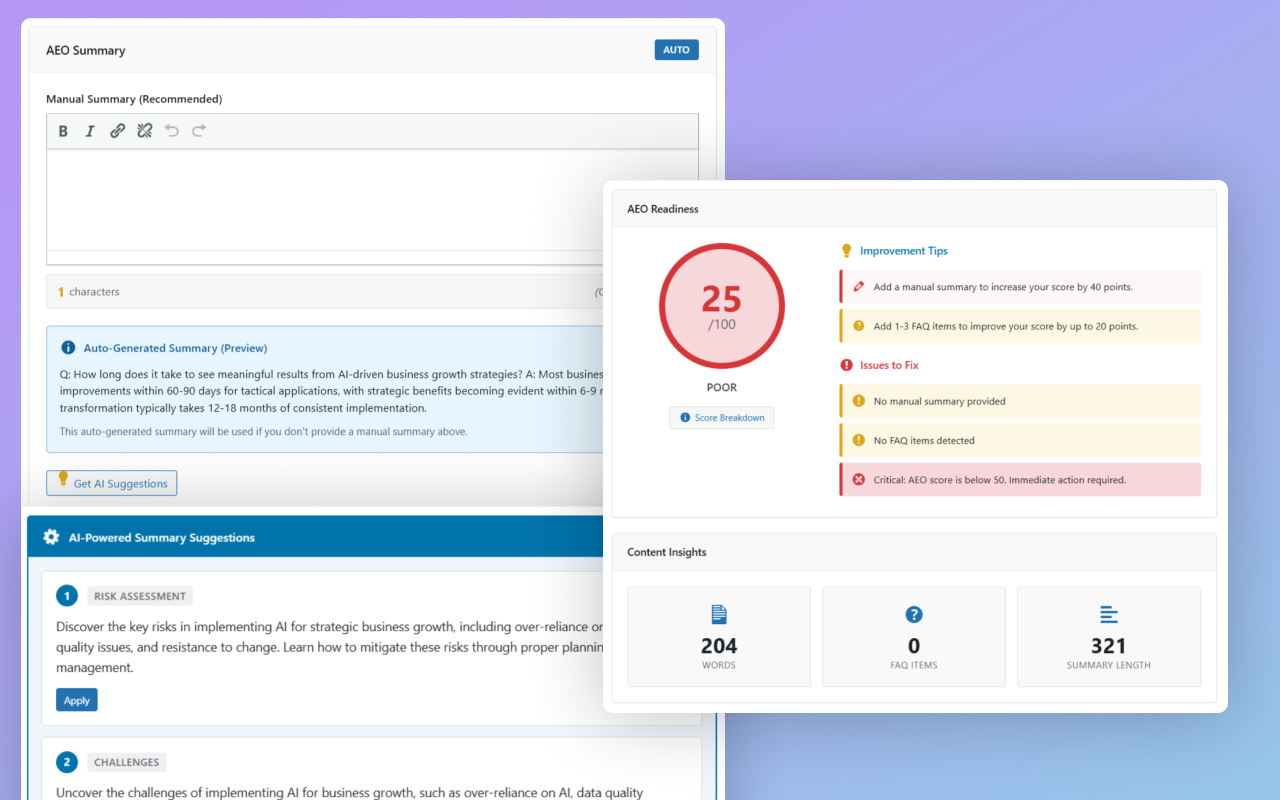 **Post Editor Meta Box** - Unified meta box with real-time scoring, summary editor, and improvement tips. `/assets/images/editor-metabox.png`