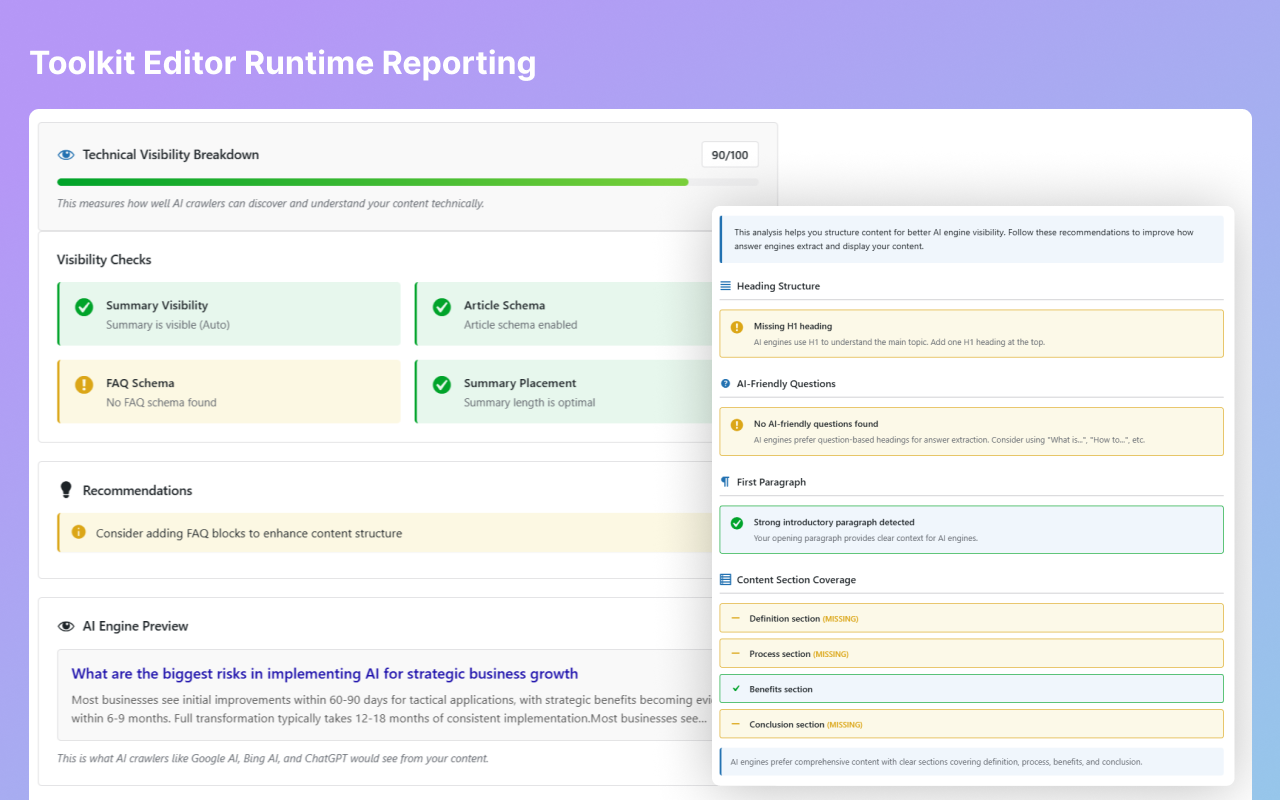 **Real-Time Updates** - Content Insights updating live as you edit (Words, FAQ Items, Summary Length). `/assets/images/realtime-updates.png`