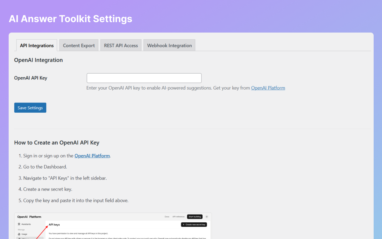 **Settings Page** - OpenAI API configuration and AI features setup. `/assets/images/settings.png`