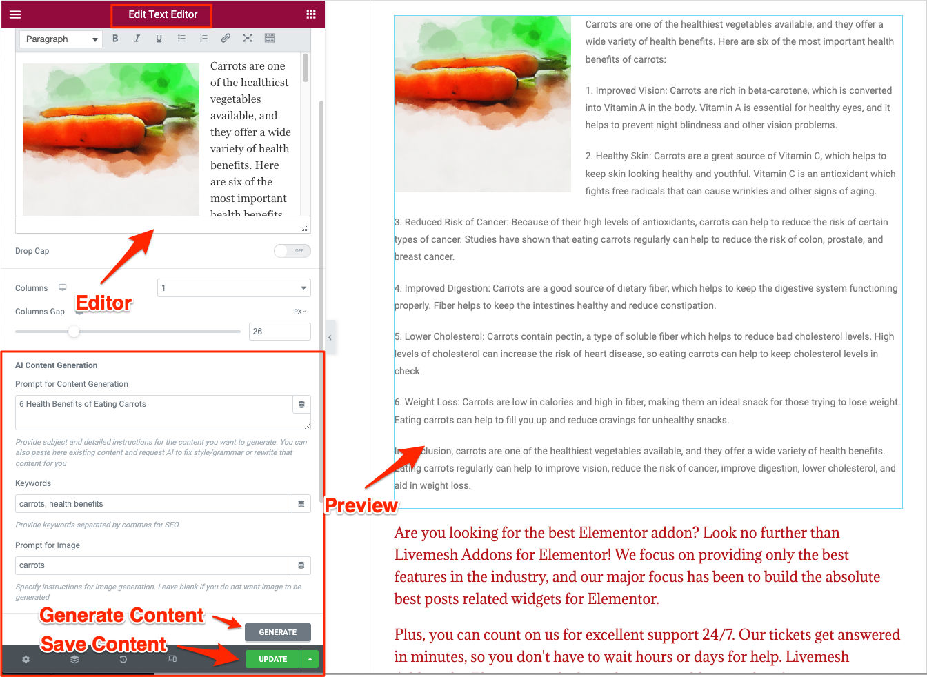 The Text Editor widget enhanced with AI generation features involving prompt and Generate button.