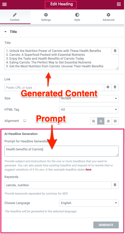 The Heading widget enhanced with AI generation features.