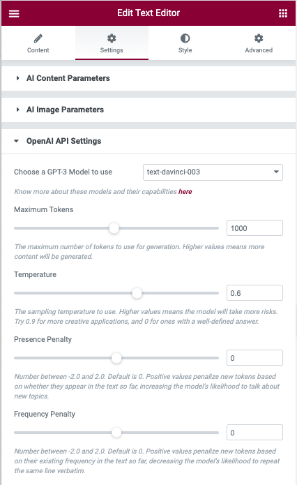 The OpenAI settings in the Settings tab of Text Editor addon