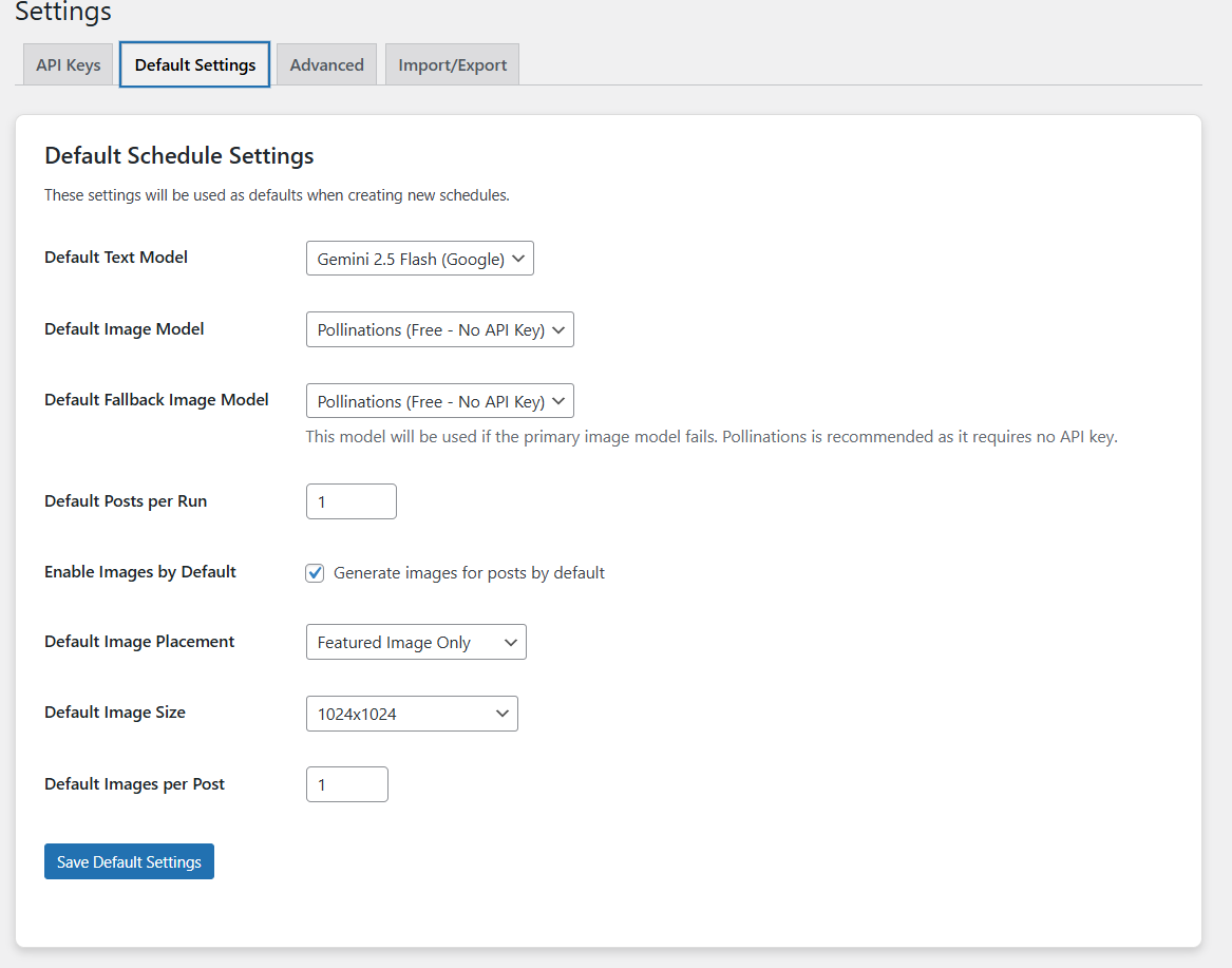 Settings page default settings