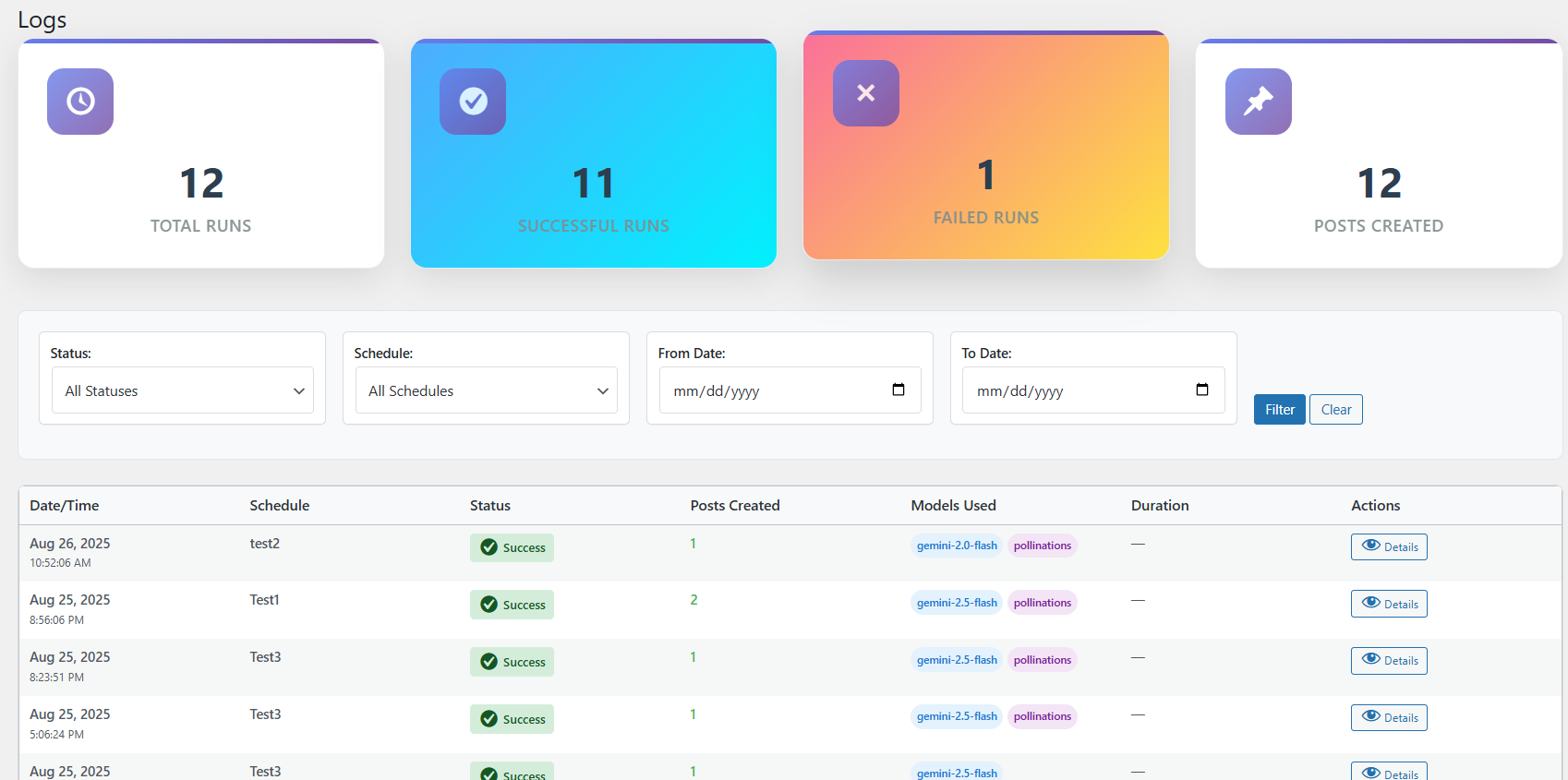 Logs page with detailed activity tracking