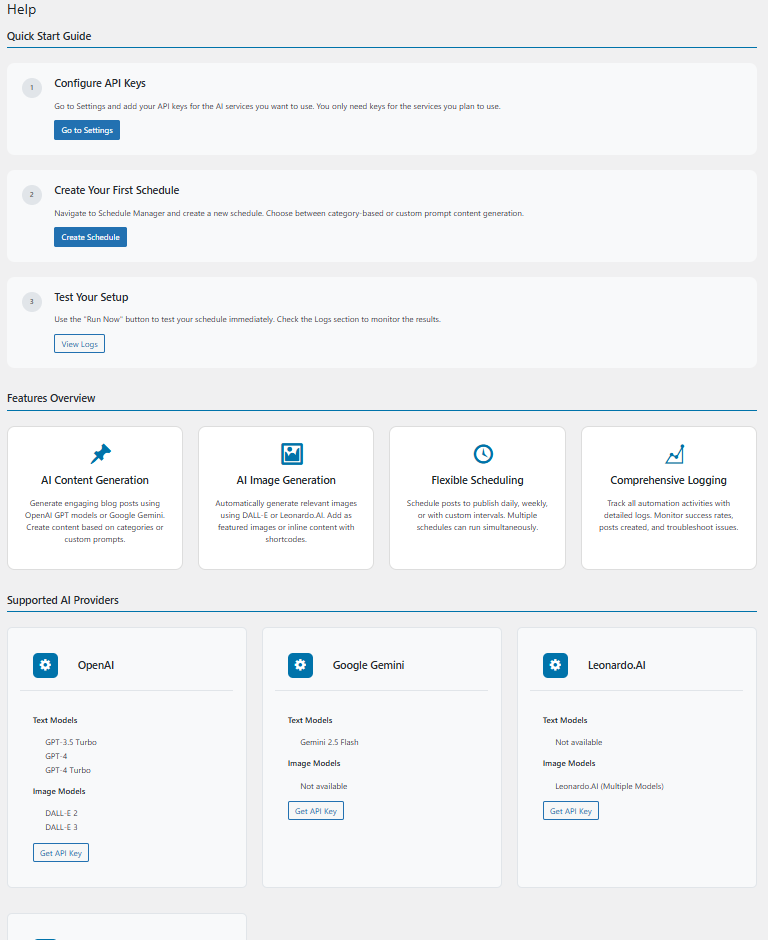 Help page with comprehensive documentation