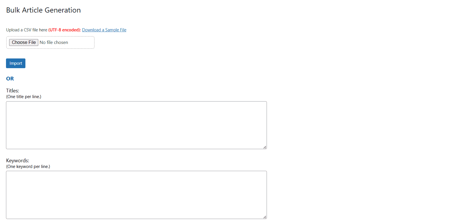 AI Auto SEO Upload Bulk Articles Page.
