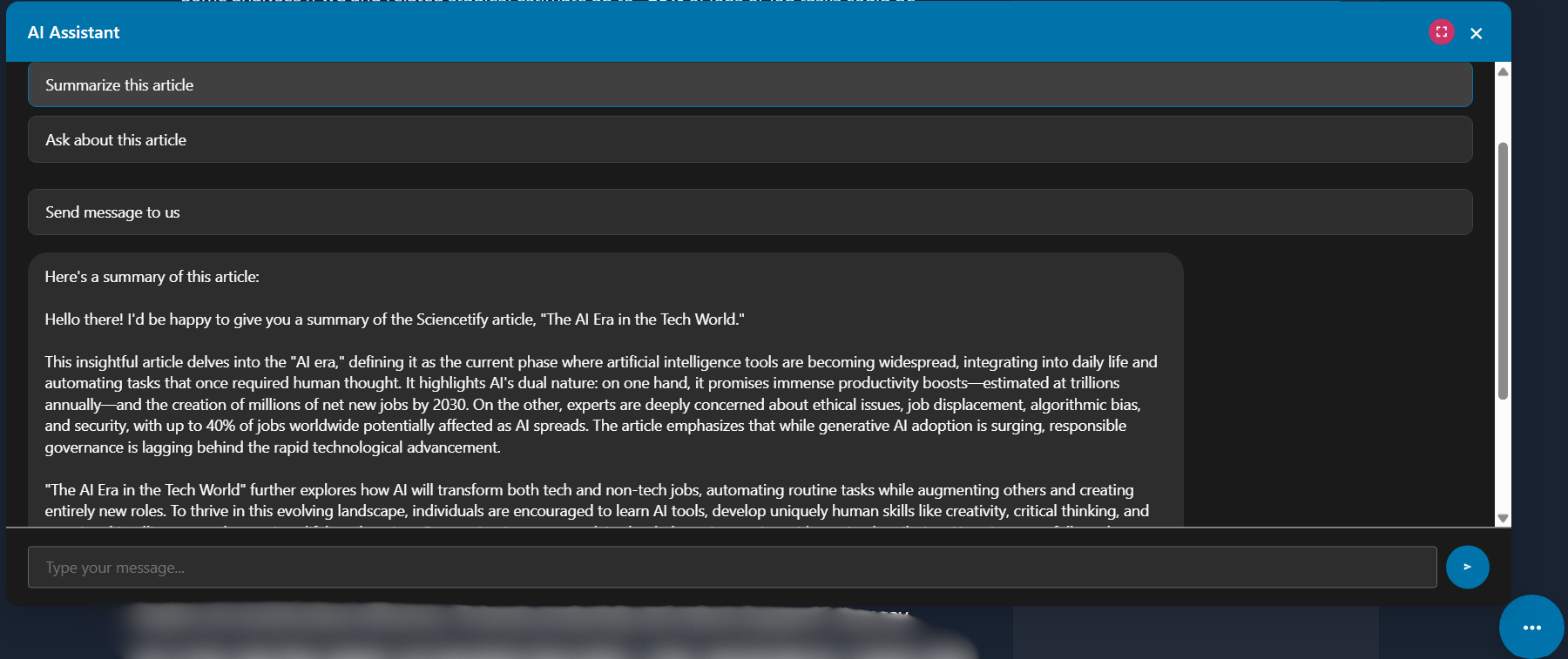 **Instant Article Summaries:** Get a concise, easy-to-read summary of any long article in seconds.