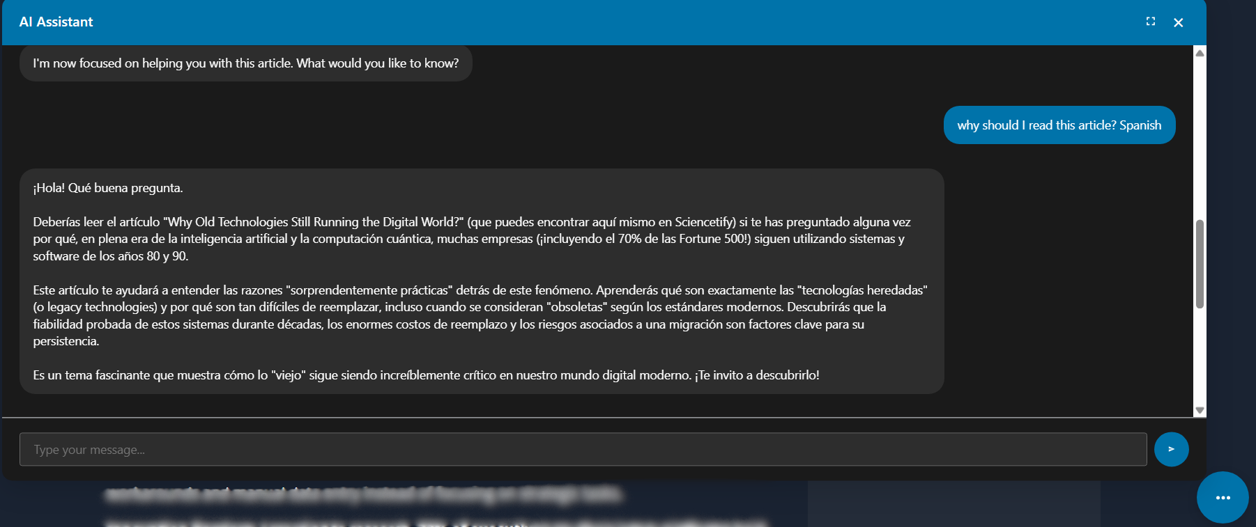 **Multi-language Q&A (Spanish Example):** The AI assistant can understand and respond to questions in your reader's preferred language, like this example in Spanish.