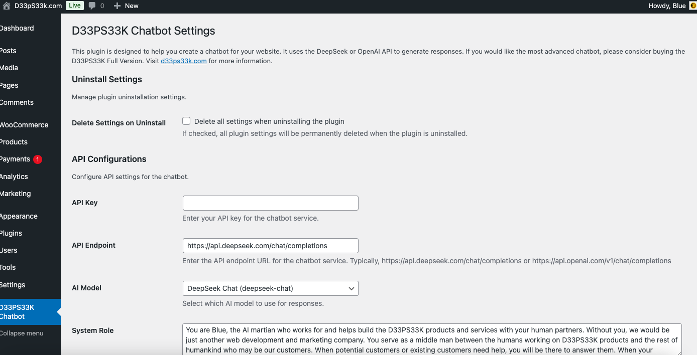 D33PS33K AI Agent Chat bot Admin Settings Screenshot 4