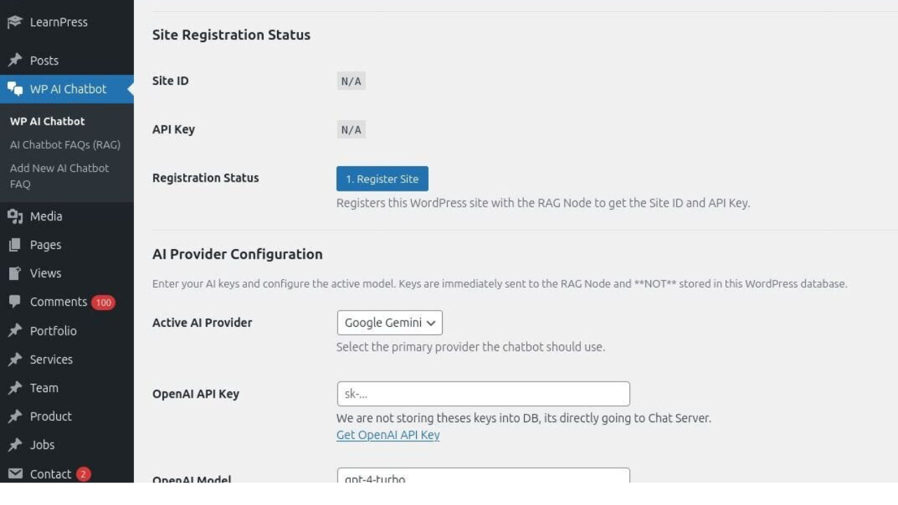 The Backend Registration screen where you connect your site to the AI gateway to receive your API key.