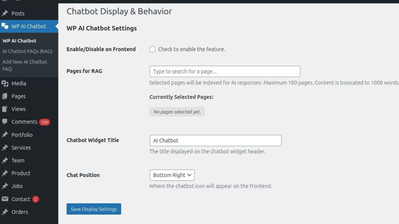 The Widget Customization panel where you can toggle the chatbot on/off and set its screen position.