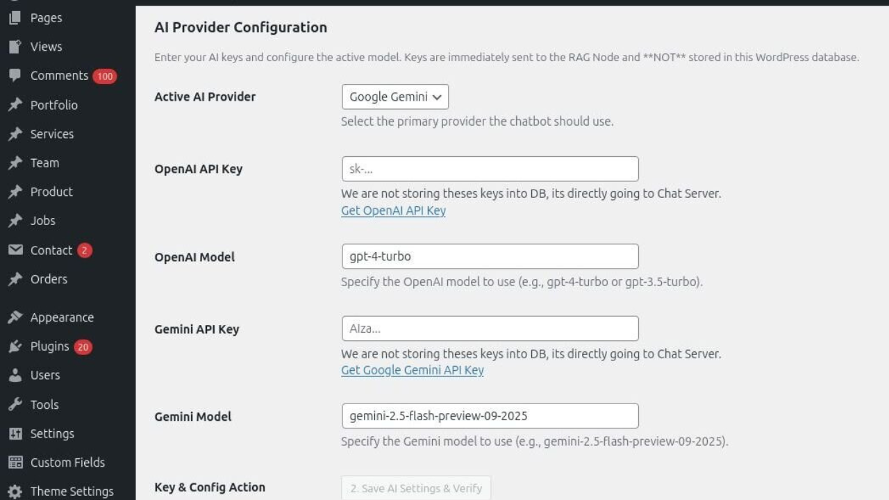 The AI Model Configuration screen for selecting the brain behind your chatbot's responses.