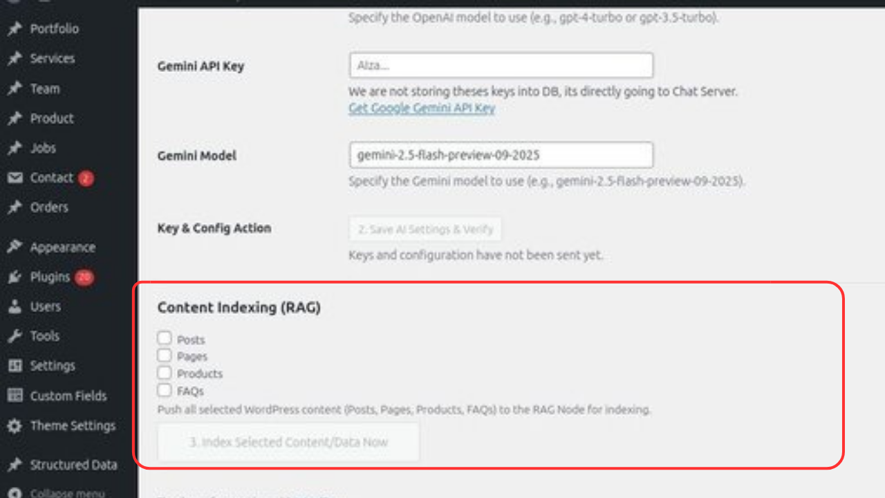 The Knowledge Base (RAG) selection screen where you choose which pages, products, and FAQs the AI should learn from.