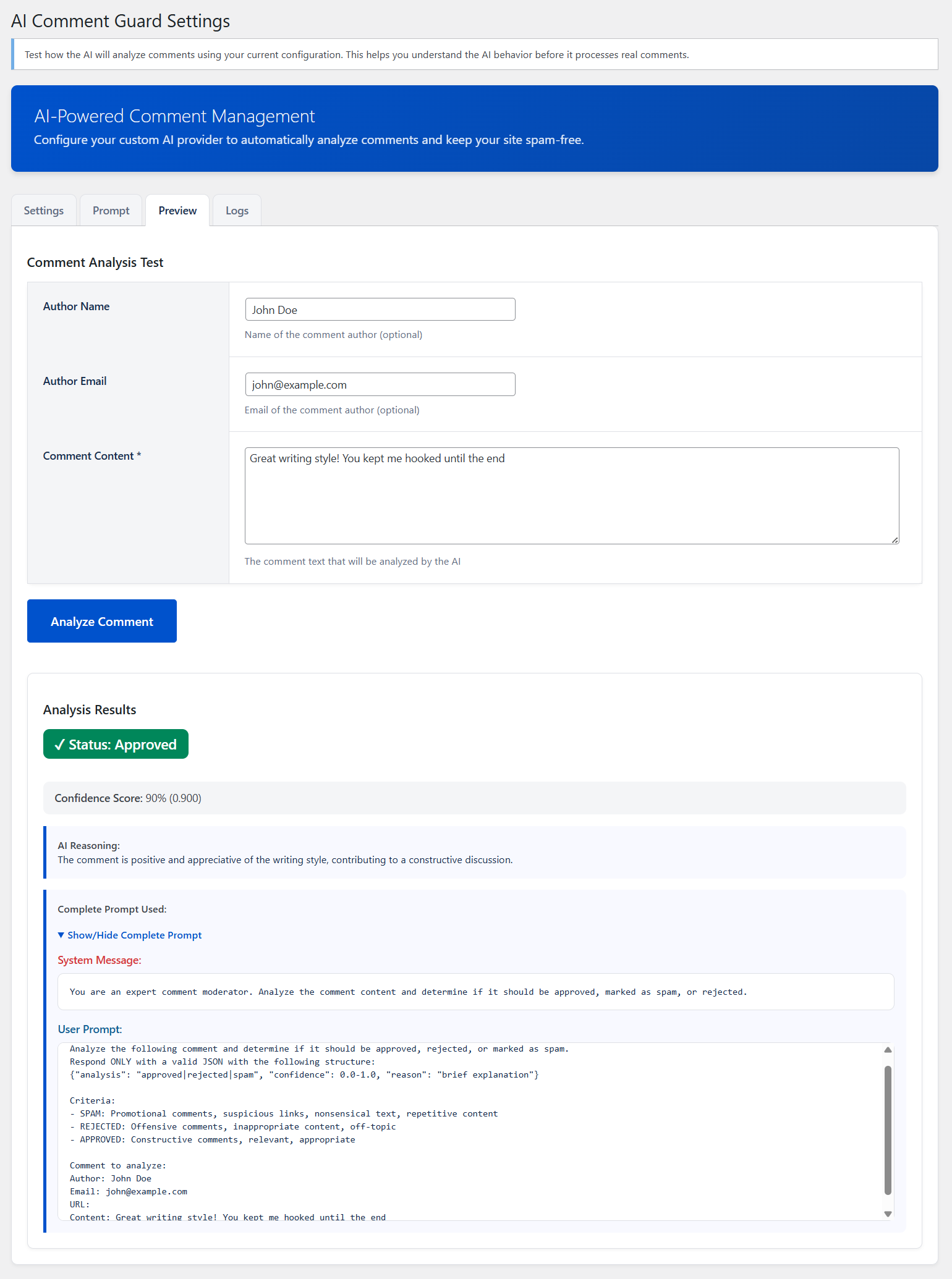 **Preview Page** – Test and preview AI comment analysis results before deployment.