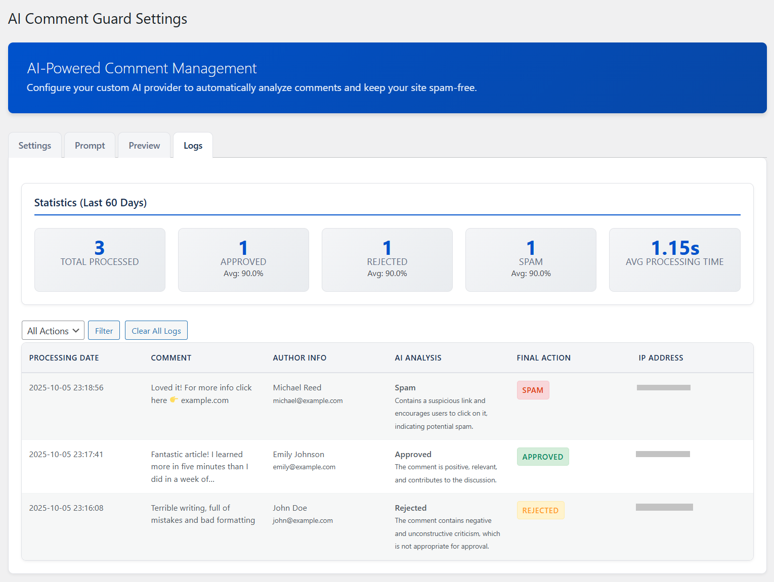 **Moderation Logs** – Review processed comments, AI analysis results, and final moderation actions.